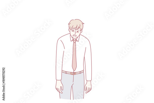 Feeling stressed and tired concept. Young man worker cartoon character wearing official clothes standing with crosses instead of eyes feeling exhausted at work vector illustration