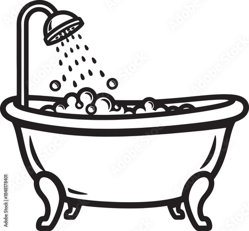 A classic clawfoot bathtub with a showerhead spraying water and creating bubbles in a black and white line also transparent background