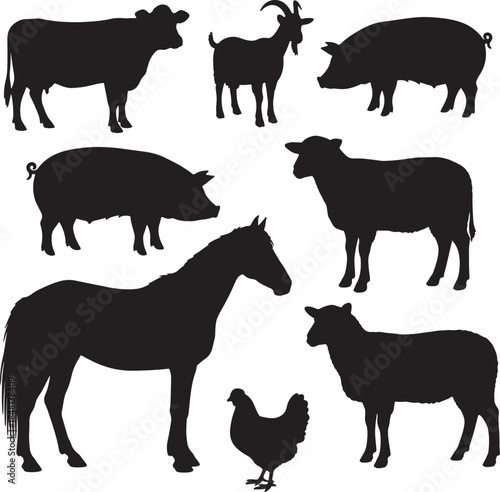 A group of black silhouette farm animals including a cow, goat, pig, sheep, horse, and chicken on a white background also transparent background