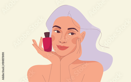 A young woman applying fragrance to her neck with a red bottle