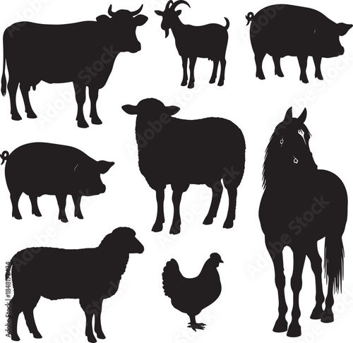 A collection of black silhouette farm animals including a cow, goat, pig, sheep, horse, and chicken on a white background also transparent background