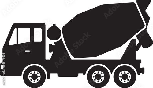Black silhouette of a concrete mixer truck with its drum tilted to the side on a white background cement truck also transparent background