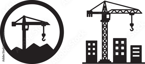 Black silhouette of a construction crane inside a circle and a separate construction crane with buildings in the background also transparent background