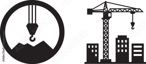 Black silhouette of a crane hook inside a circle and a separate construction crane with buildings in the background also transparent background