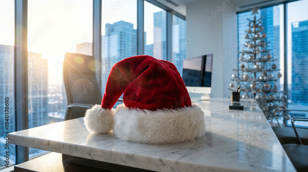 Obraz premium Santa's Hat Sits atop New Marble Counter Design, Bringing Winter Cheer to Home Decorations
