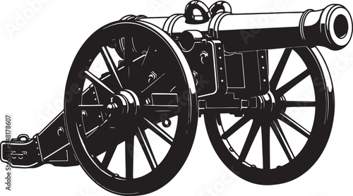 Detailed black and white of a historical cannon with large spoked wheels and a long barrel showcasing its robust construction and vintage military also transparent background
