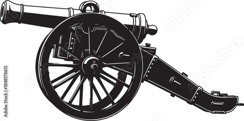 Side view black and white of a historical cannon with a large spoked wheel and a long barrel emphasizing its mechanical details and antique appearance also transparent background