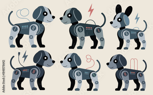 Illustrations of robotic dogs with various mechanical enhancements displayed in a grid on a neutral beige background.