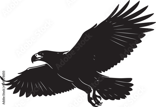 Dynamic black silhouette of an eagle in mid-flight with wings spread wide, showcasing its powerful and presence in the sky also transparent background