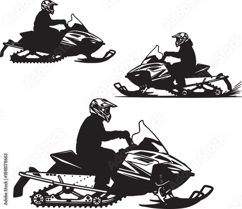 Dynamic black silhouette of snowmobiles with riders in action on a white background showcasing winter sports and extreme adventure also transparent background