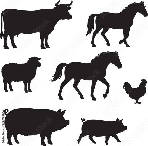 Farm animal silhouettes including cow horse sheep pig and chicken presented in a black and white style also transparent background