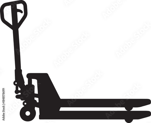 A stark black silhouette of a manual pallet jack with its handle raised and forks lowered ready for industrial lifting and transportation tasks in a warehouse or factory also transparent background