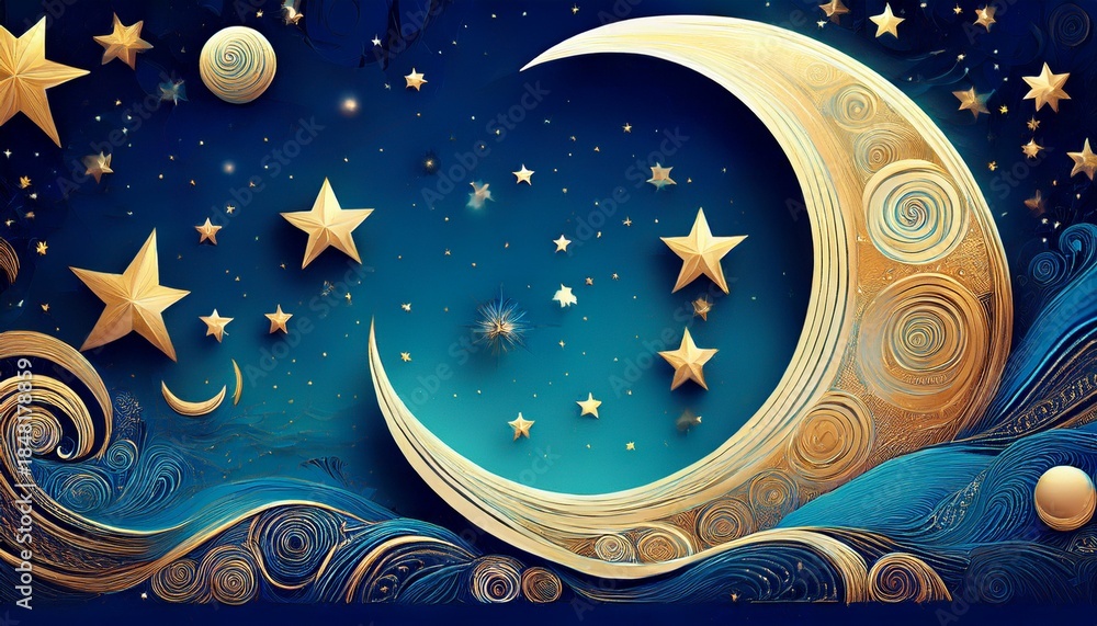 Naklejka premium a blue background with stars and a crescent moon the stars are scattered throughout the image with some closer to the foreground and others further away