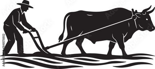 Black silhouette of a farmer and ox plowing a field with a traditional plow on a white background symbolizing agricultural work and rural life also transparent background