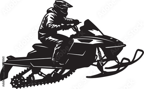 Silhouette of a person riding a snowmobile with a helmet and winter clothing in motion on a white background also transparent background