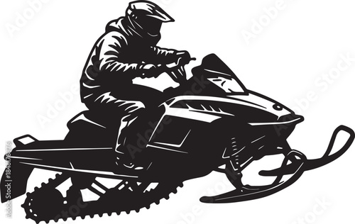 Silhouette of a person riding a snowmobile across a snowy landscape, depicting winter sports and adventure also transparent background