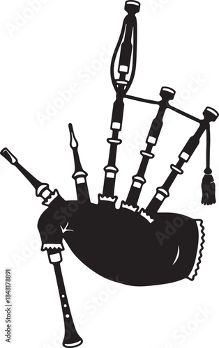 Silhouette of traditional Scottish bagpipes with chanter drone and bag musical instrument Celtic also transparent background