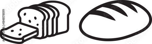 Sliced bread with one slice separated and a whole round loaf of bread in a minimalist black and white style also transparent background