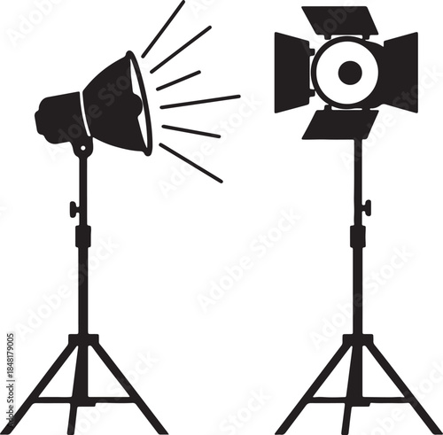 Two studio lighting equipment silhouettes on stands ready for or production spotlight cinema also transparent background