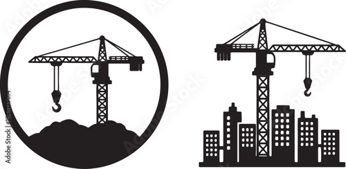 Two construction cranes and city buildings silhouettes, one within a circle and the other against a skyline, symbolizing urban development and industry also transparent background