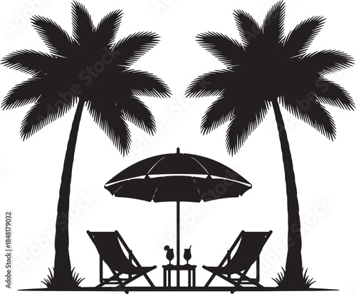 Silhouette of a tropical beach scene with two palm trees framing a beach umbrella and two lounge chairs with drinks, evoking relaxation and vacation on a white background also transparent background