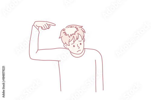 Unhappy young man point at bald head suffer from alopecia problems. Upset stressed guy struggle with hair loss need medical treatment. Haircare and aging concept. Flat vector illustration.