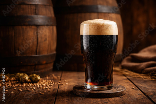Dark Craft Beer in Rustic Brewery Interior – Image for Advertising, Menus, and Beverage Branding