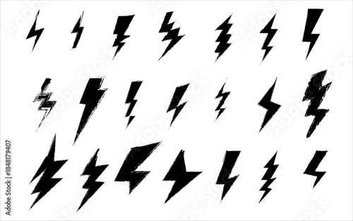 Collection of various black lightning bolt icons and symbols