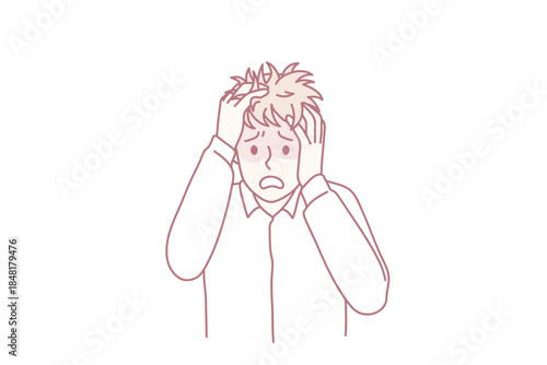 Anxious young man feel distressed worried suffer from panic attack or anxiety. Unhappy unwell guy struggle with depression or mental problems. Psychological instability concept. Vector illustration.