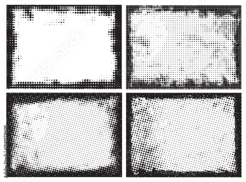 Grunge photo frames. Vertical grunge halftone rectangle frame with distressed ink borders and dotted comic texture. Retro posters, comics, pop art graffiti layout effects. Grungy edgy vector graphic 