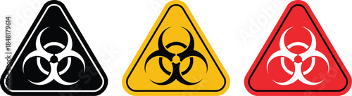 Collection of biohazard warning signs indicating potential biological danger and risk