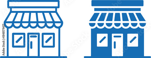 Simple illustrations of two storefronts with awnings and signs depicted in a minimalist style