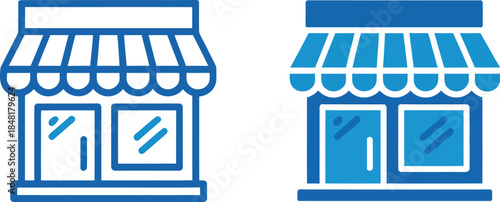 Illustration of two storefronts with awnings and blue doors viewed from the street