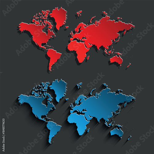 A world map cut from blue and red paper. A set of political maps of the world on a gray