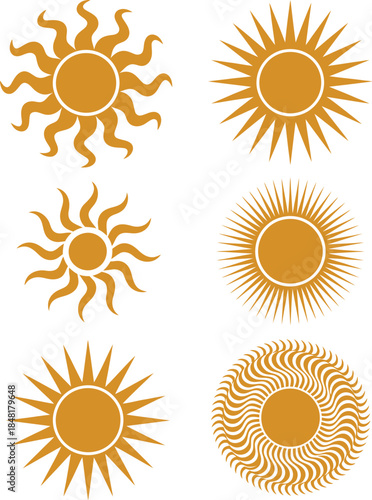 A diverse collection of stylized sun illustrations representing various radiant designs and solar concepts
