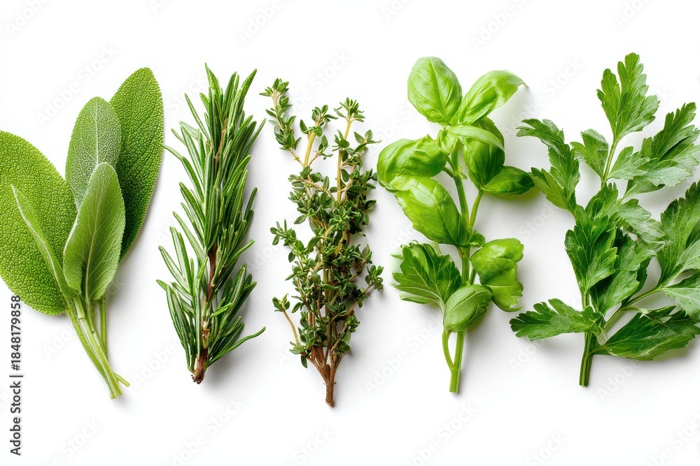 Obraz premium Assorted Culinary Herbs and Spices: Rosemary, Basil, and Oregano on a White Background