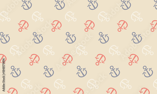 形が滑らかなボーダー柄の赤、青、白のアンカーマークが回転して並ぶキャンバス生地風の背景