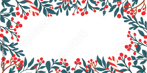 Frame of green leaves and red berries. Freehand vector illustration. Botanic design for postcard or banner.	