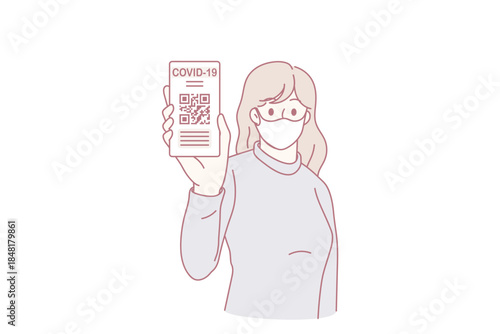 Young woman in facemask hold smartphone show immunity passport on screen. Female client in facial mask demonstrate covid-19 vaccination certificate on cellphone. Corona virus. Vector illustration.