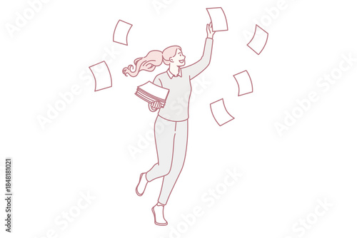 Multi tasking and work concept. Young smiling woman cartoon character walking in office collecting flying paper sheets with tasks vector illustration