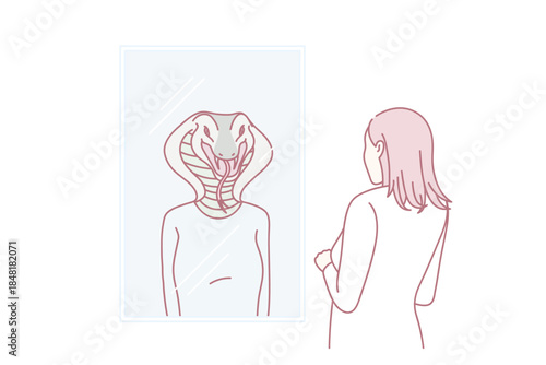 Woman look in mirror see snake reflection worried about evil inner nature. Back view of girl see shadow bad self-identity. Psychological or mental problem concept. Flat vector illustration.