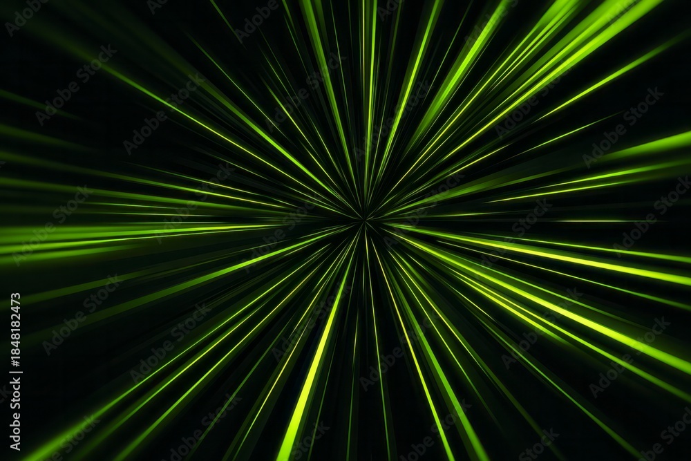 Fototapeta premium Fluorescent green light streaks radiate intensely from a central point against a dark background
