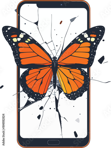 Butterfly Emerging from Cracked Smartphone Screen, Symbol of Freedom from Digital Life