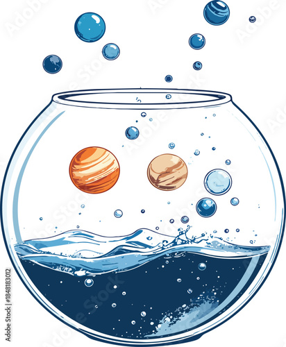 Cracked Fishbowl Releasing Floating Bubbles Shaped Like Planets, Surreal Cosmic Illustration Concept
