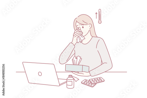 Feeling fever and ill concept. Young woman worker cartoon character sitting in office at laptop having high temperature and sick vector illustration