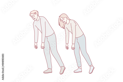 Tiredness and common exhaustion concept. Young man and woman walking with hands down feeling tired zombie vector illustration
