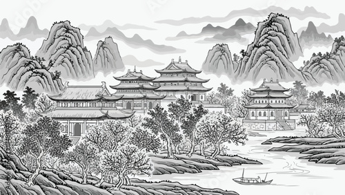 vector illustration of Traditional Chinese ink wash painting of ancient pagodas nestled among misty mountains and serene trees with a boat.