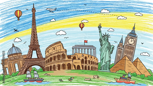 Colorful Hand Drawn Global Travel Landmarks Vacation Vector Illustration