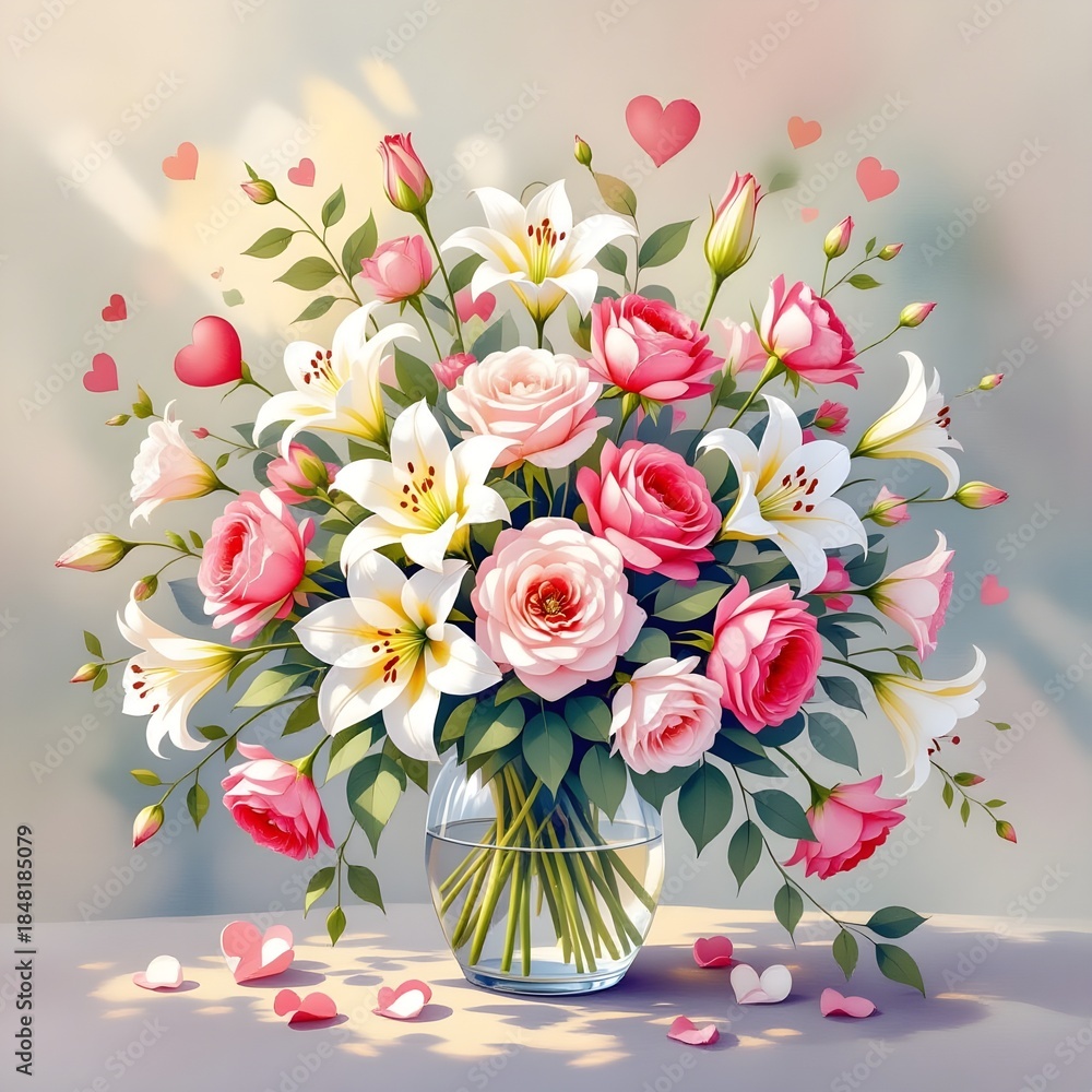 Obraz premium bouquet of roses with hearts in vase