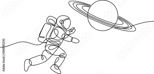Continuous line drawing of astronaut running in space near saturn planet